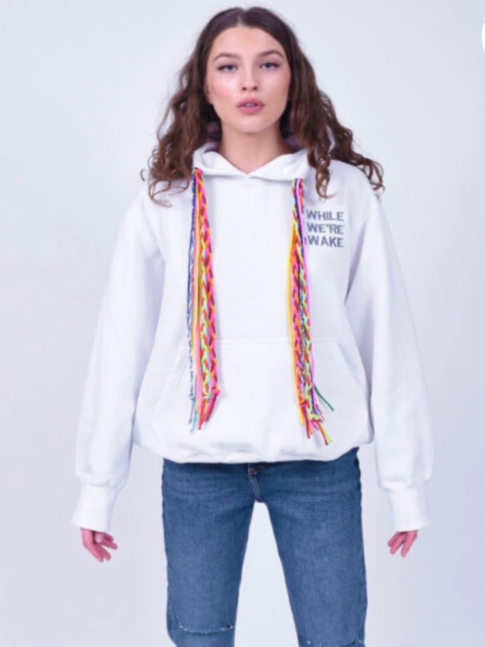 WHILE WE’RE AWAKE White Hoodie Sweater with Rainbow Drawstrings